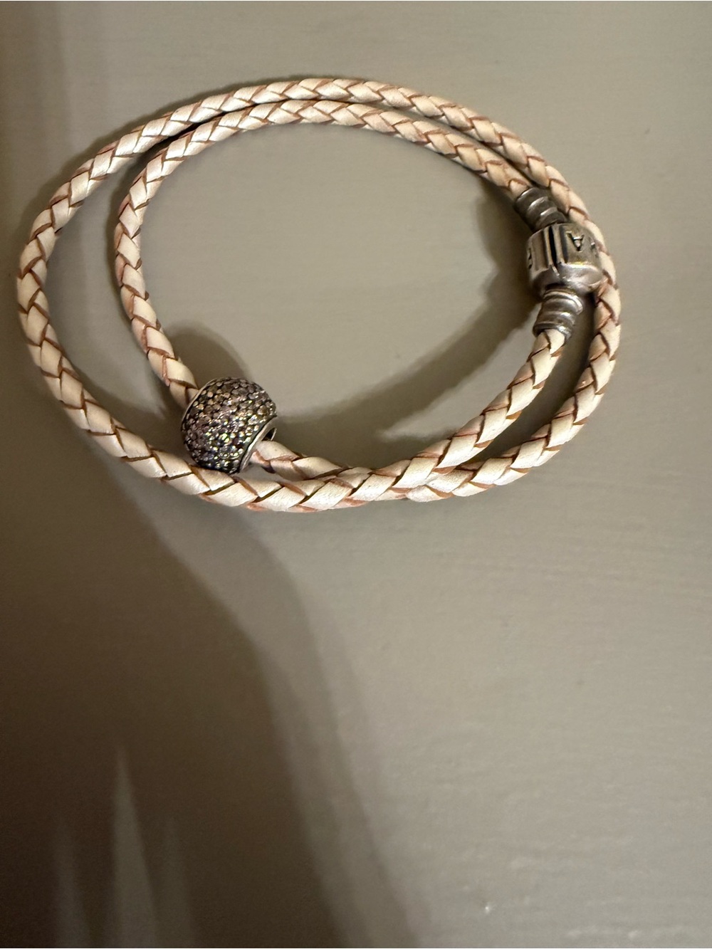 Pandora Pave Lights Bead Double Champagne Leather Bracelet NWOT